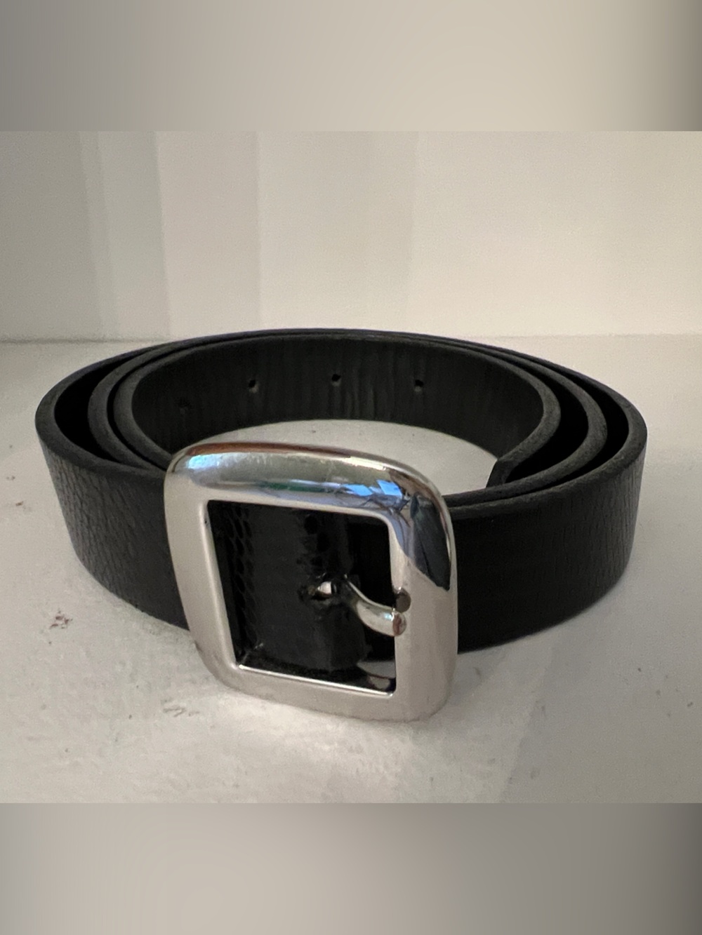 Banana Republic Black Leather Belt with Polished Silver Buckle